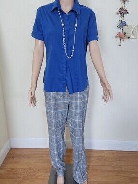 Women's Outfit: Button-Down Shirt And Multi-Color Plaid Pants To Match